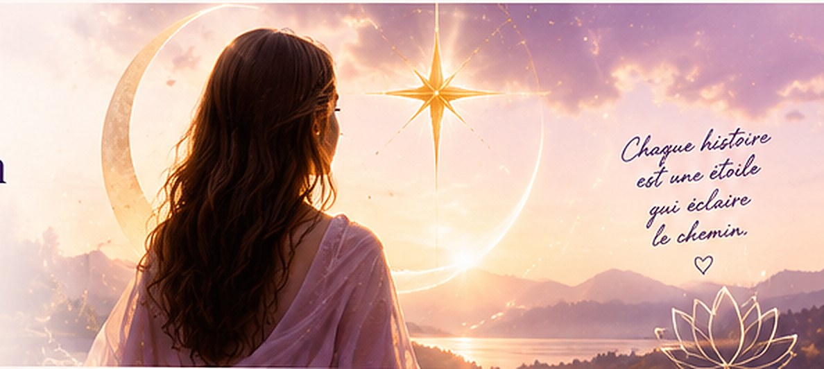 Une femme de dos regarde un paysage au coucher du soleil, près d'une étoile lumineuse.