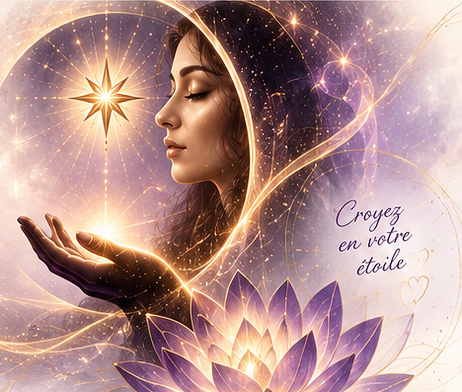 Une femme au visage serein tient une étoile lumineuse dans sa main ouverte, devant un lotus violet.