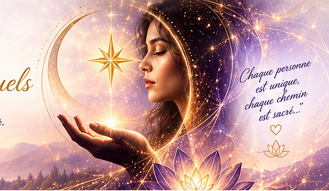 Une femme tient une étoile dans sa main ouverte, entourée d'un croissant de lune et d'un lotus.