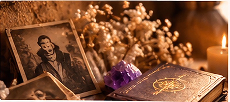 Des photographies anciennes, un livre et des bougies allumées.