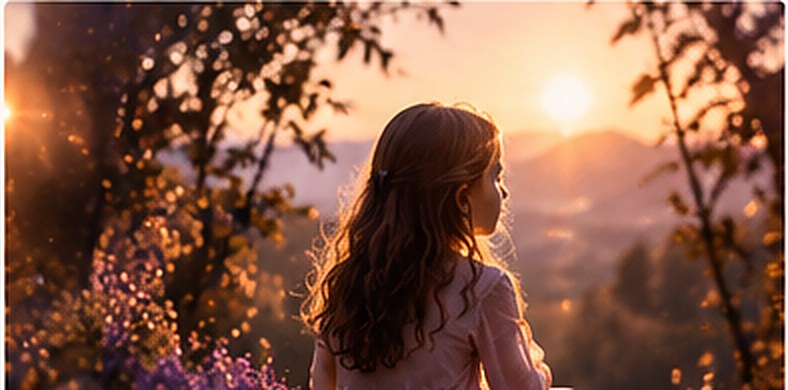Une femme assise face à un paysage au soleil couchant.