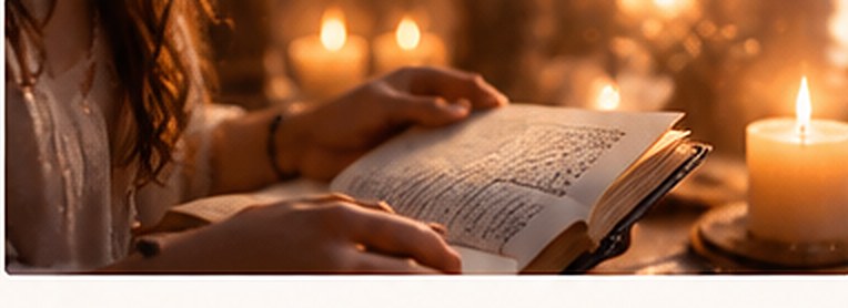 Des mains tournent les pages d'un livre près d'une bougie.