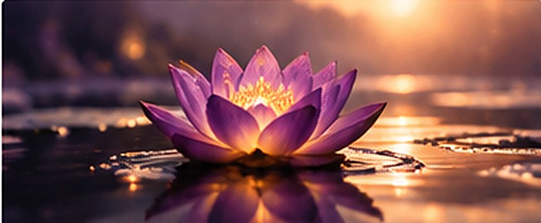 Un lotus violet posé sur une eau dorée au coucher du soleil.